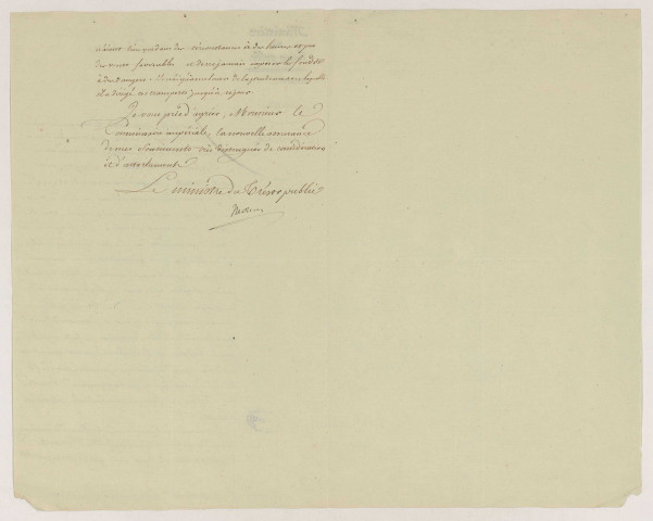 Lettres de Nicolas François Mollien, ministre du Trésor public, adressées à Julien Bessières, alors commissaire impérial dans les Îles Ioniennes à Corfou, à propos d'envois de fonds à destination de Corfou interceptés par l'ennemi et des mesures à prendre à l'avenir pour assurer la sécurité de ces envois (Paris, 6 décembre 1808 et 11 décembre 1809).