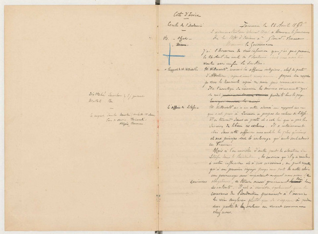 Administrateur du cercle de l'Indénié : registre de transcription de la correspondance de J. Clozel adressée aux autorités.