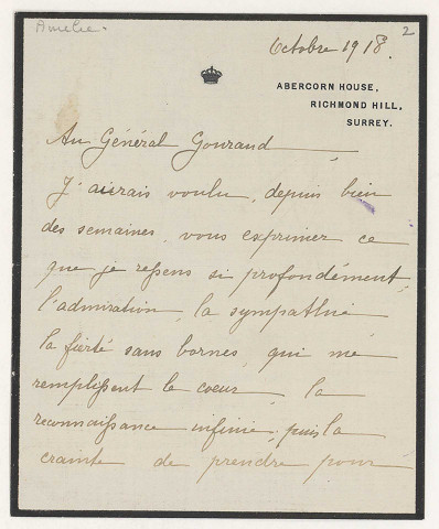 Correspondance particulière adressée au général Gouraud, commandant de la IVe Armée émanant de militaires, officiers et hommes de troupe, de personnalités diverses, de relations et d'admirateurs.