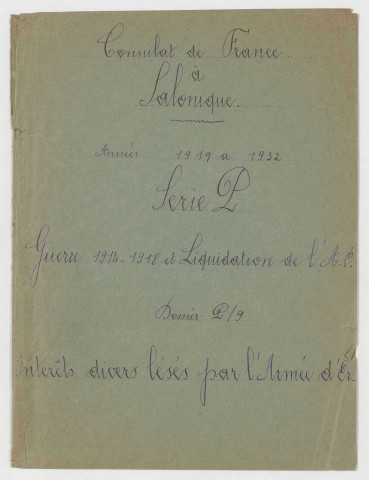 Liquidation de l'armée d'Orient : intérêts divers lésés par les armées d'Orient (1919-1932).
Traités de paix et après-guerre en Europe (1919-1924).
Vente aux enchères publiques du matériel cédé à la Mission laïque française par la base navale française de Salonique en 1919 (1923-1924).