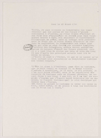 Lettre de Charles-Philippe, comte d'Artois, futur Charles X et son fils Charles-Ferdinand, duc de Berry (signée des deux) [au cardinal de Bernis, à Rome], lui annonçant leur départ de Hamm pour l'Angleterre dont le gouvernement a manifesté le désir de les accueillir (Hamm, 10 août 1794).