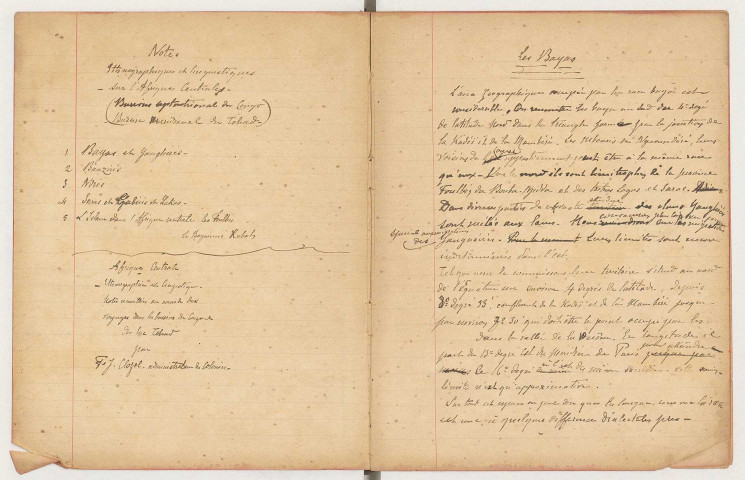 Administrateur du cercle de l'Indénié : carnet de notes ethnographiques et linguistiques sur l'Afrique centrale (bassin septentrional du Congo et bassin méridional du Tchad), de notes historiques et bibliographiques autres, de minutes de lettres de Clozel, de modèles d'actes administratifs (dos partiellement détaché).