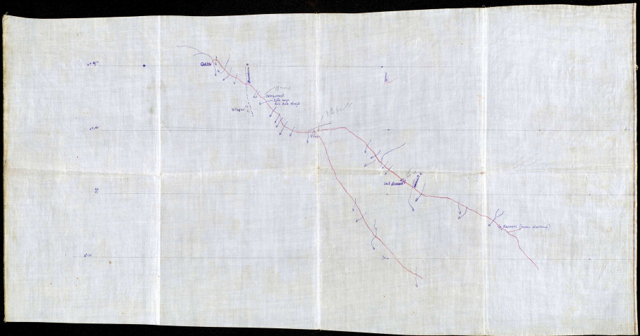 Carnet de relevés topographiques établis par L. Gérardin en Oubangui-Chari (carte au 1/1000e), commencés après le départ de Berbérati (24 août 1894).