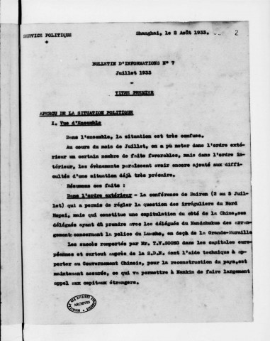 Concession française de Shanghai. Direction des services de police. Section politique. Bulletins mensuels d'informations (juill.-déc. 1933).