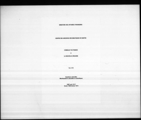 1. Dossier général : en France et à l'étranger, notamment en Louisiane et à La Nouvelle-Orléans (1887-avril 1917).
2. Correspondance avec Alcée Fortier, personnalité louisianaise dans le domaine culturel (février 1900-février 1914).