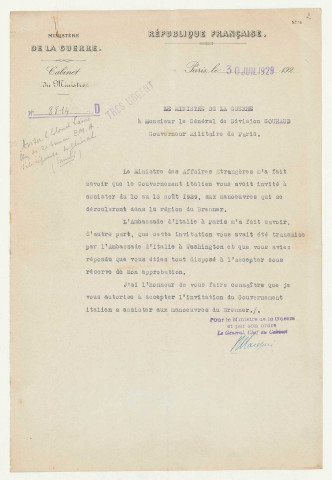 Voyage du général Gouraud en Italie du 8 au 18 août 1929 à l'invitation du Gouvernement italien afin d'assister aux manoeuvres militaires du Trentin prévues dans la région du Brenner.