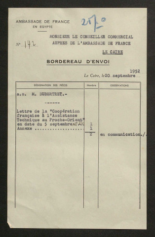 Participation de la France aux différentes commissions des Nations unies relatives aux réfugiés de Palestine.