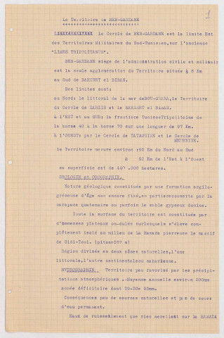 [Bureau des affaires de Ben Gardane], Historique, organisation administrative et renseignements divers, 22 f., carte jointe.