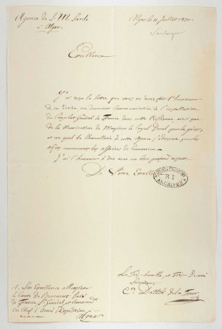 Correspondances et relations avec les consuls étrangers en Algérie après l'intervention française : mesures générales et dossiers particuliers sur le Danemark, l'Espagne, les États-Unis, la Grande-Bretagne, Naples, la Sardaigne, la Suède et la Toscane (1830-1835, 1839).