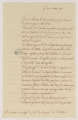 Lettres de Champagny, ministre des Relations extérieures, adressées à Julien Bessières, consul général de France à Venise (Paris, 22 août 1807, Fontainebleau, 28 septembre et 15 octobre 1807).