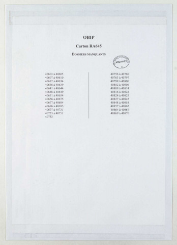 209SUP/645 - OBIP 40601 à 40872