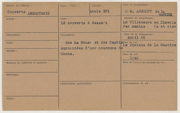 209SUP/779 - Fichier des biens spoliés (argenterie)