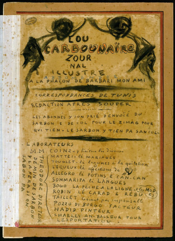 Lou Carbounaïre, journal illustré : correspondance privée sous forme de dessins envoyée par le consul de France à Tripoli, Charles Féraud, au consul général de France à Tunis, Théodore Roustan.