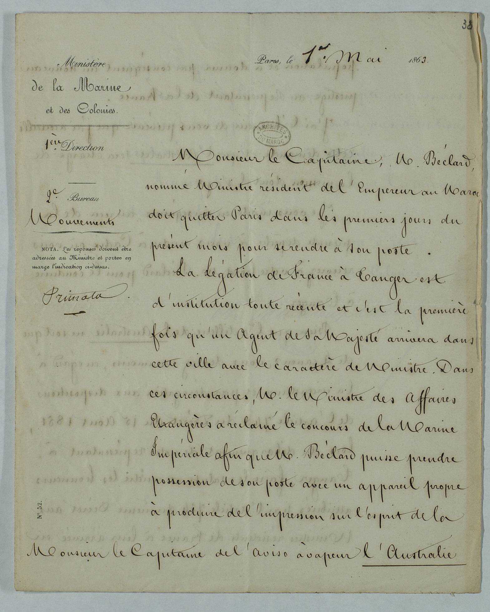 Correspondance adressée par la Direction politique au consulat général, puis à la légation de France au Maroc.