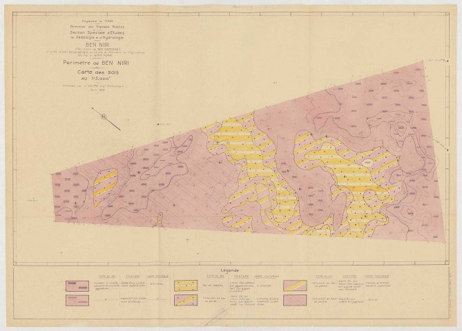 Direction des travaux publics section spéciale d'études de pédologie et d'hydrologie (J. GELPE), ingénieur pédologue, Note sommaire concernant le périmètre de Ben Niri, 5 f., carte des sols.