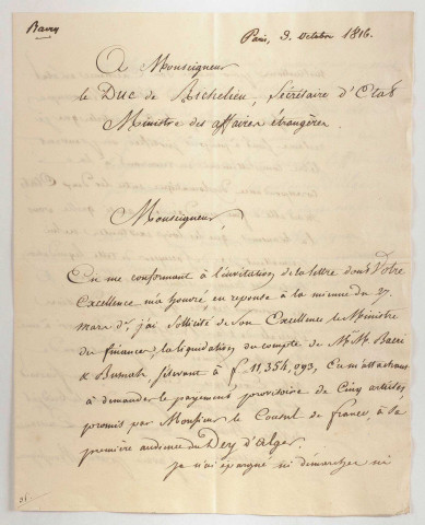 Correspondance de Nicolas Pléville, fondé de pouvoirs de Bacri et Busnach, avec le ministère des Affaires étrangères, Pierre Deval, Jacob Coen Bacri et quelques autres correspondants (1816-25 juin 1826).