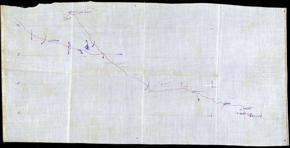 Carnet de relevés topographiques établis par L. Gérardin en Oubangui-Chari (carte au 1/1000e), commencés après le départ de Berbérati (24 août 1894).