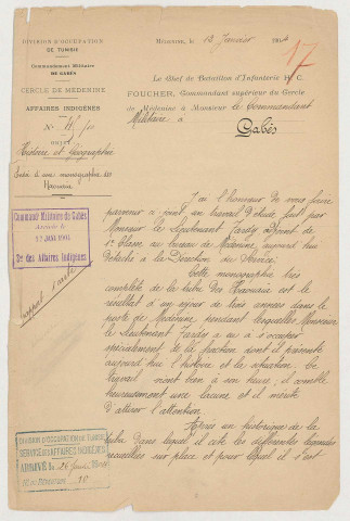 Bureau des affaires indigènes de Médenine (lieutenant BERNARD), Frontière tuniso-tripolitaine : correspondance au sujet de l'étude sur la tribu des Haouaia, procès-verbal du 15 mai 1904 (de la réunion de la commission administrative chargée du règlement de la contestation pendante entre les fractions des Amerma, des Djelutet, des Médenine, au sujet de la jouissance des terrains d'El Mechahed), cartes (morcelées) 24 f.