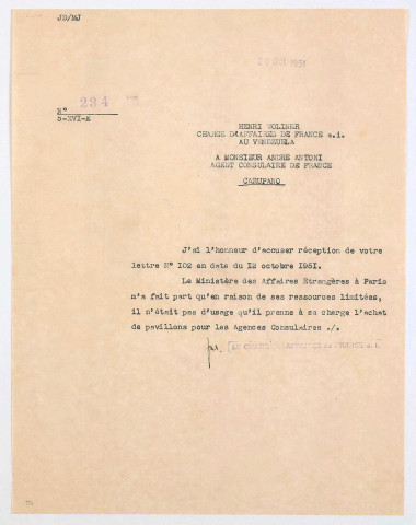 Correspondance avec l'agence consulaire de Carupano (1944-1951).
Correspondance avec l'agence consulaire de Cumana (1836-1889).