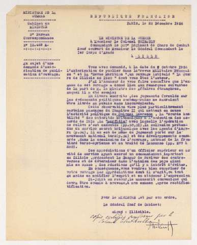 « La guerre de Cilicie en 1920, de Mersina à Tarsous - Opérations militaires en coopération avec les unités navales » par le Colonel Thiebault, commandant le 412e R.I., commandant la place de Mersine, 1926, 281 p. dact. avec 4 cartes et la copie d'une lettre du ministère de la Guerre faisant part des remarques du ministre des Affaires étrangères concernant la publication éventuelle.