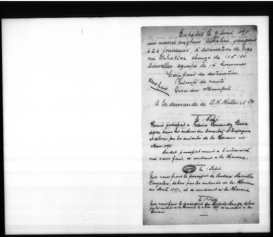 1. Liste des actes passés en chancellerie pour le compte du consulat d'Espagne (août 1898-juin 1899).
2. Gestion des questions maritimes, douanières et de marine marchande (août 1898-mars 1899).