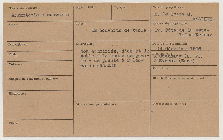 209SUP/779 - Fichier des biens spoliés (argenterie)