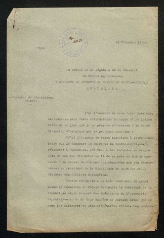 Correspondance entre le gérant de la légation et du consulat de France au Salvador et le ministre de France en Centre-Amérique (Guatemala).