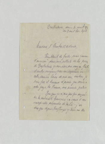 Lettre de Juraj Dlouhý, secrétaire interprète tchécoslovaque au consulat général de France à Bratislava, à l'ambassadeur de France à Prague (Bratislava, dans la nuit du 7 au 8 novembre 1951).