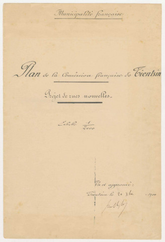 3-5-A-Dossier général (1861, 1911-1937). Comprend une transcription du règlement de 1861 relatif à "l'affermage à perpétuité des terrains dans les limites de la concession française à Tientsin".
3-5-Extensions de la concession (1900-1916). Extension de la concession initiale (avant 1900), qui s'étendait du fleuve Hai Ho à une limite située entre la rue de Paris et la route de Takou ; comprend un plan de Tientsin et 5 plans de la concession.
3-5-B-Plans de Tientsin et de la concession (1914-1928). Comprend 3 plans de Tientsin et 7 plans de la concession dont 3 à l'échelle 1/1000.
3-5-B-Seize plans relatifs à l'extension de Lao Si Kai [1910-1920]. Le quartier de Lao Si Kai était situé au delà du canal Hai Kuan Tseu, au sud-ouest de la concession ; le processus d'extension de la concession à ce quartier fut entrepris en 1912-1913.