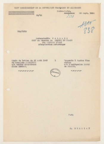 209SUP/241 - Dossiers B51-B52 - BIA 838 à 930