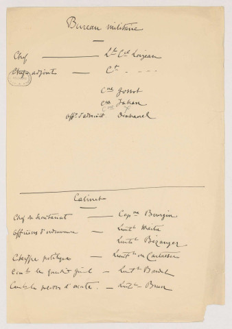 Notes, études et projets sur l'organisation des commandements au Maroc rédigés entre autres par le général Naulin et le lieutenant-colonel Vincent. Lyautey propose des officiers pour son état-major, son bureau militaire et son cabinet. Notes autographes, manuscrits et tapuscrits. In-4°.