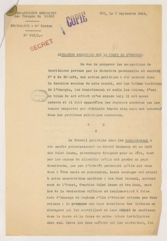 Documents sur la situation dans l'Ouergha. Conclusions d'un rapport de Pétain au ministre de la Guerre, 4 août 1925, sur le Rif et le Djebel ; Pétain vient d'être nommé Inspecteur général de l'Armée et souligne l'effort accompli par les troupes françaises pour défendre Fez et Taza. Notes du 9 septembre 1925 sur les tribus au nord du Maroc et commentaire sur les opérations militaires contre Abd-El-Krim, 12 septembre 1925. Notes dactylographiées dont une avec corrections autographes du maréchal Pétain. In-4°.