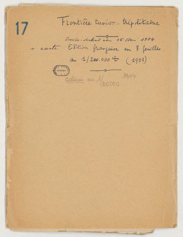 Bureau des affaires indigènes de Médenine (lieutenant BERNARD), Frontière tuniso-tripolitaine : correspondance au sujet de l'étude sur la tribu des Haouaia, procès-verbal du 15 mai 1904 (de la réunion de la commission administrative chargée du règlement de la contestation pendante entre les fractions des Amerma, des Djelutet, des Médenine, au sujet de la jouissance des terrains d'El Mechahed), cartes (morcelées) 24 f.