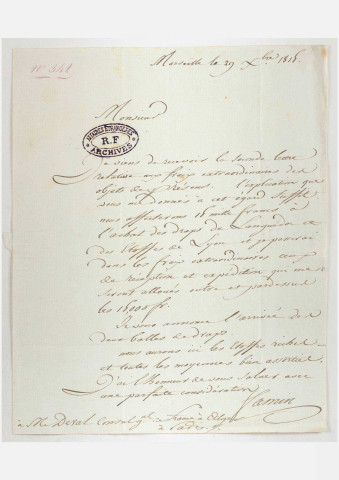 Correspondance avec l'agence du ministère des Affaires étrangères à Marseille.