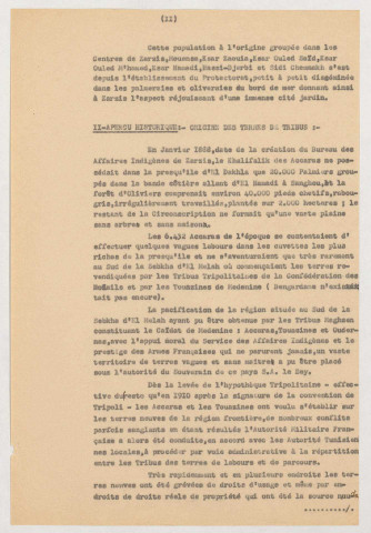 Bureau des affaires indigènes de Zarzis (capitaine BELLOT), Note sur les terres collectives du Khalifalik des Accara, 30 f., carte jointe.