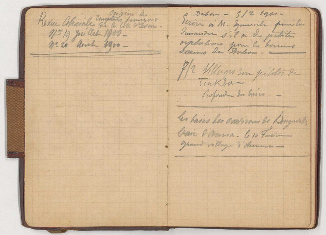 Carnet de notes prises de mars à mai 1901 lors d'une tournée effectuée sur la côte ouest de la Côte d'Ivoire, avec une note datée de 1907.