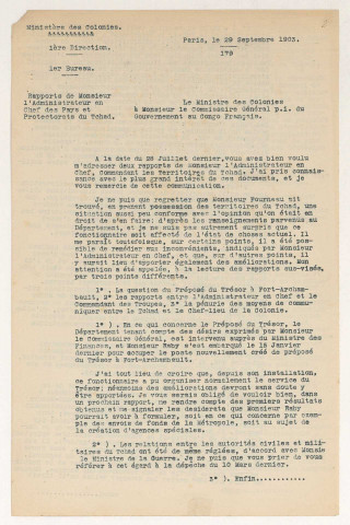 Décret, instructions et dépêches du ministre des Colonies, septembre 1903-juin 1906. Décisions signées du commandant du Territoire du Tchad, Henri Gouraud ou de son suppléant, Henri Gaden, 4 juillet 1904-10 août 1906 [nos 1 à 296, collection incomplète]. Spécimen de pièces dites « périodiques » à fournir régulièrement [1904-1905].