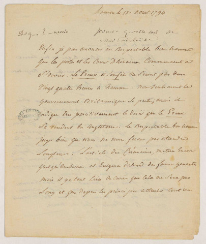 Lettre de Charles-Philippe, comte d'Artois, futur Charles X et son fils Charles-Ferdinand, duc de Berry (signée des deux) [au cardinal de Bernis, à Rome], lui annonçant leur départ de Hamm pour l'Angleterre dont le gouvernement a manifesté le désir de les accueillir (Hamm, 10 août 1794).