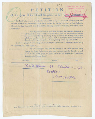 Pétition organisée par les Juifs de Grande-Bretagne en faveur de la création d'un État juif en Palestine