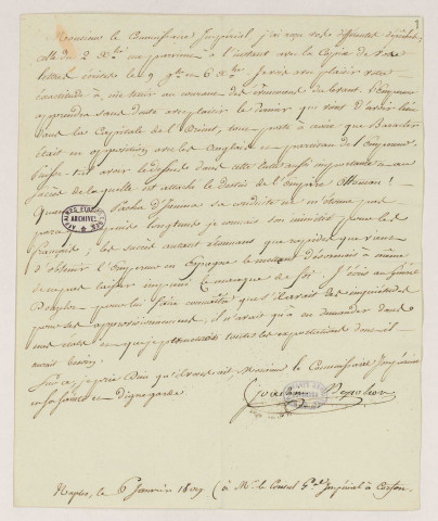 Lettre signée de Joachim Napoléon [Murat] à Bessières, commissaire impérial à Corfou (Naples, 6 janvier 1809).