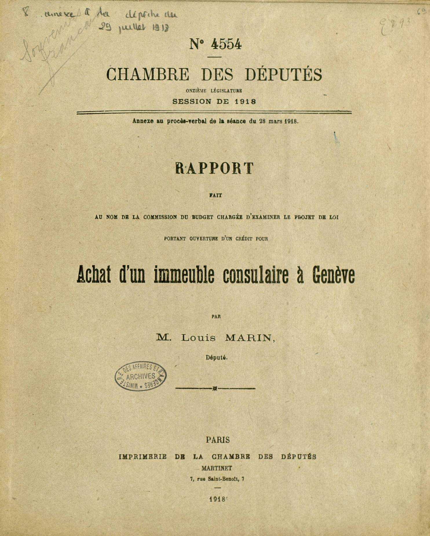 Correspondance avec la direction des Fonds et de la Comptabilité (janvier-décembre 1918).