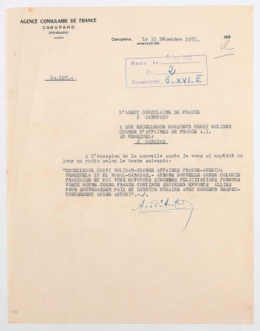 Correspondance avec l'agence consulaire de Carupano (1944-1951).
Correspondance avec l'agence consulaire de Cumana (1836-1889).