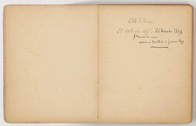 Journal, du départ de Bordeaux le 10 septembre 1897 au retour à Marseille le 11 janvier 1899. Suivi d'une note sur la Côte d'Ivoire « exécuté[e] pour le gouverneur ».