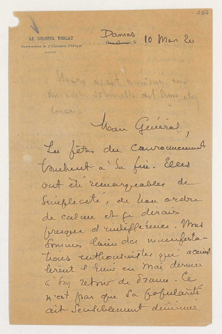 Lettres particulières adressées par le colonel Toulat : originaux et transcription dact.