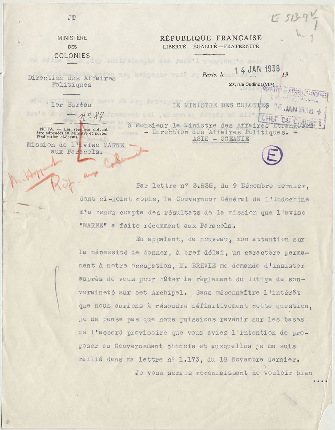 Janvier-10 juillet 1938 (notamment, réactions, entre autres au Japon, à l'envoi d'une mission française chargée de procéder à l'occupation effective et totale de l'archipel des Paracels).