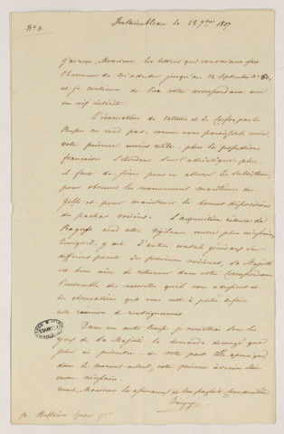 Lettres de Champagny, ministre des Relations extérieures, adressées à Julien Bessières, consul général de France à Venise (Paris, 22 août 1807, Fontainebleau, 28 septembre et 15 octobre 1807).