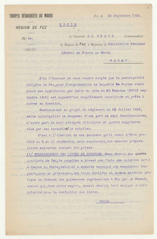 Organisation, gestion de la municipalité et de la région de Fès au plan politique et économique. Rapports mensuels d'ensemble du Protectorat et situation politique du Maroc Occidental et du Maroc Oriental, avril 1913 et septembre 1913 à février 1914, impr.