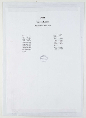 209SUP/630 - OBIP 35912 à 36025