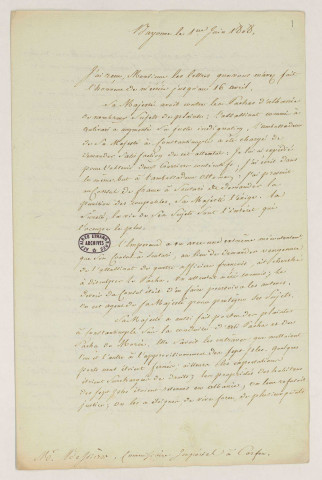Lettre signée de Champagny, ministre des Relations extérieures, à Bessières, commissaire impérial à Corfou (Bayonne, 1er juin 1808).