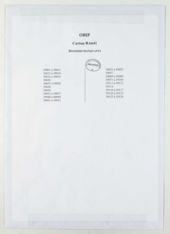 209SUP/641 - OBIP 39012 à 39127